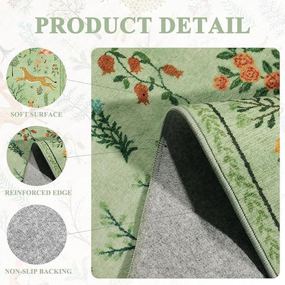 DUKINO 3x5 Rug, Washable Animal Area Rug with Non Slip Vintage Design, Indoor Soft Low Pile Carpet for Bedroom, Nursery, Dining Room, Farmhouse, Playroom, Light Green
