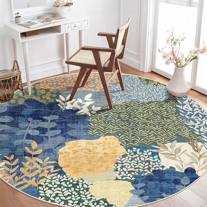 DEXDE Round Rug 6ft Washable Circle Area Rugs Non Slip Low Pile Boho Floral Large Circular Carpet for Bedroom Bathroom Entryway Kids Room Office Dining Room,Blue