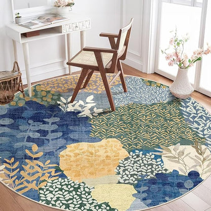 DEXDE Round Rug 6ft Washable Circle Area Rugs Non Slip Low Pile Boho Floral Large Circular Carpet for Bedroom Bathroom Entryway Kids Room Office Dining Room,Blue