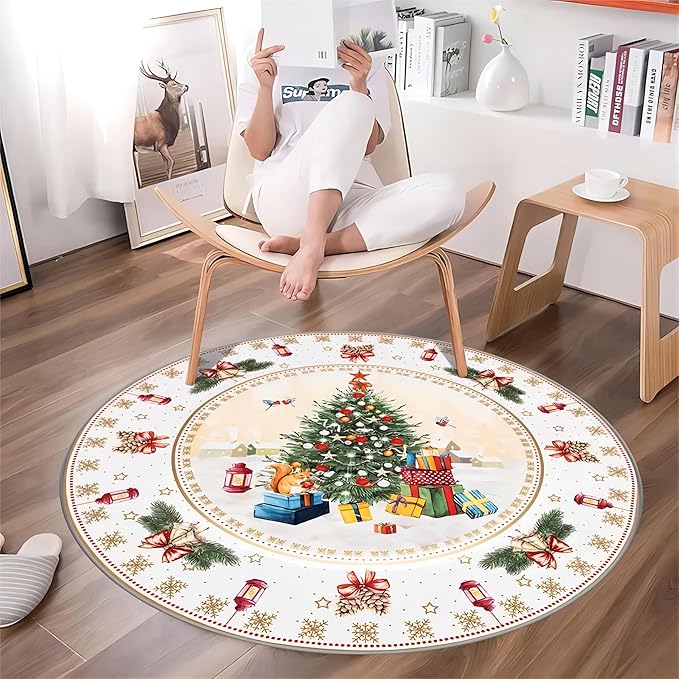 Christmas Area Rug, 7ft, Round Christmas Rug, Merry Christmas Rug, Living Room Christmas Decoration, Soft Non-Slip Floor Round Mat, Suitable for Living Room Bedroom Sofa