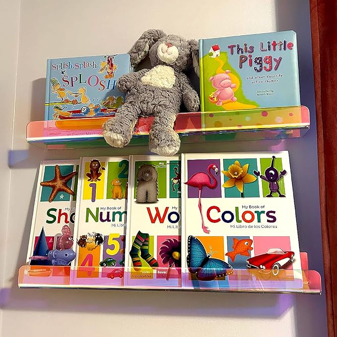 24 inches Iridescent Acrylic Bookshelf for Kids, Wall Mounted Kids Display Book Shelves for Room Nursery Toddler Classroom (2 Packs)