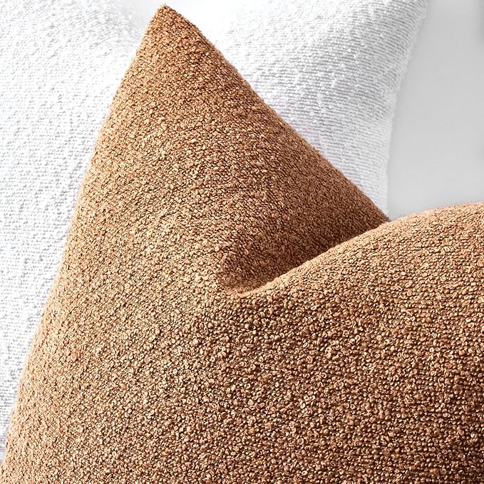 Boucle Decorative Throw Pillow Covers for Couch Set of 2, 26x26 inches, Tobacco