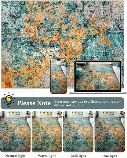 9x12 Area Rug for Living Room - Washable Rugs Modern Abstract Neutral Soft Rug for Bedroom Dining Room No Slip Low Pile Carpet for Nursery Home Office - Teal/Orange