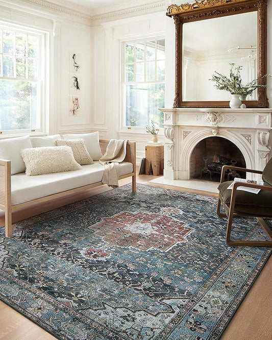 Loloi Margot Collection MAT-05 Ocean/Brick 2'-3" x 3'-9" Accent Rug feat. CloudPile, No-Shed Easy Clean Large Patterned Area Rug for Living Room, Bedroom, Dining Area