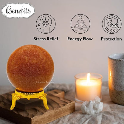 Amazing Gemstone Red Goldstone Crystal Ball with Stand - 1.5 Inches Crystal Sphere Meditation Balls for Witchcraft and Decorative Balls