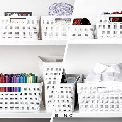 BINO | Woven Plastic Basket | Medium (White), 4-Pack | THE JUTE COLLECTION | Home Organization, Space - Saving Storage, Stylish Design | Jute Basket | Plastic Storage Basket