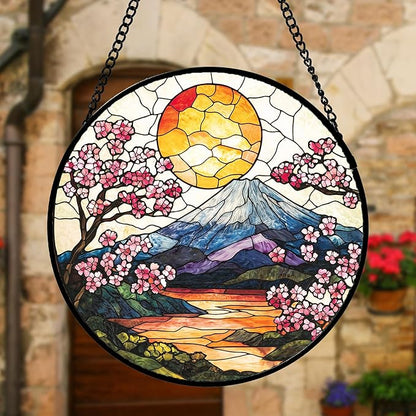 Stained Glass Window Hanging, Sun Blooming Cherry Blossoms Suncatcher Diamond Glass Panel Sun Catchers Decor for Birthday for Women, Men, Wife, Aunt, and Mom 11.8x11.8 in