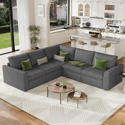 GarveeHome Sectional Sleeper Sofa with Pull Out Bed, Corduroy Modular Sectional Sofa L Shaped 5 Seat Couch with Pull Out Couch and Storage Seat, Convertible Sectional Couches for Living Room