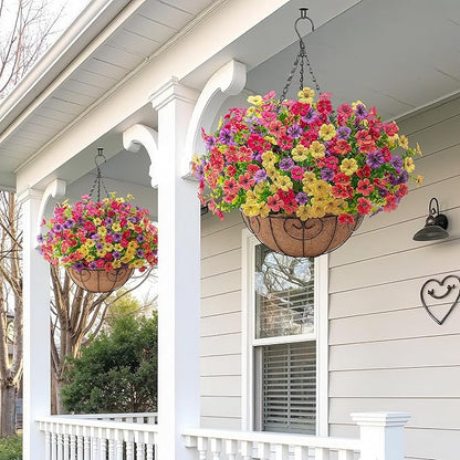 2 Set Artificial Faux Hanging Flowers Plants Basket for Outdoors Outside Spring Summer Decoration,2 Hanging Planters 24pcs Silk Fake Flowers UV Resistant Porch Patio Front Garden Home (4 Multicolor)