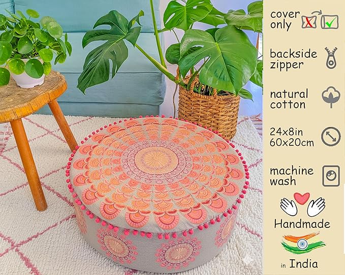 Mandala Life ART Large Boho Pouf Cushion Cover Pink Round Floor Pillow Luxury Kids Room Décor Cotton Pouf Ottoman Cushion for Meditation Yoga and Boho Chic Seating Area Stool Cotton 24x8 Unstuffed