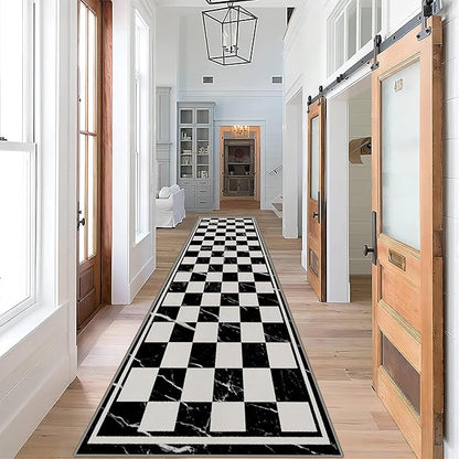 Grey Black Checkered Kitchen Hallway Carpet, 3.3x10ft, Abstract Black Marble Indoor Decor Washable Rugs, Durable Soft Cozy Non Slip Rug, Breathable Non Shedding Mats for Front Porch