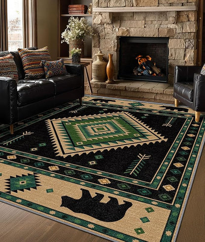 Southwestern Rug 8x10 - Native American Bear Cabin Area Rugs for Living Room Bedroom, Rustic Western Machine Washable | Non-Slip | Soft Large Carpets, Aztec Home Decor (Green Tan Black)