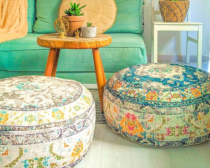Mandala Life ART Bohemian Floor Cushion Cover Gray Round Meditation Pillow Case Boho Chic Pouf Ottoman Perfect Vintage Cushion for Living Room, Bedroom, Nursary or Children Room Cotton 24x8 Unstuffed