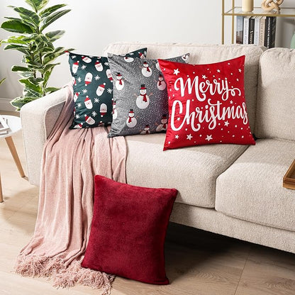 PAVILIA Holiday Throw Pillow Covers 18x18 Set of 2, Decorative Pillow Cases Bed Sofa Couch, Winter Accent Decor Cushion Bedroom Living Room, Velvet Square Euro Sham Covers, Merry Christmas Text Red