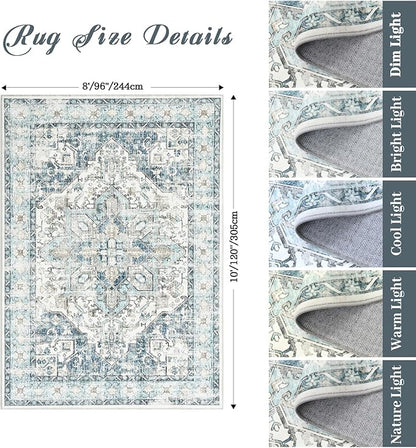zesthome 8x10 Area Rugs-Washable Rug for Living Room, Non-Slip Backing Rugs, Stain Resistant 8x10 Rug for Bedroom, Ultra-Thin Low Pile Rugs, Vintage Large Home Decor