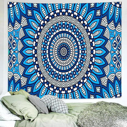 Delur Mandala Tapestry Aesthetic Boho Blue Floral Medallion Tapestry Wall Hanging Bohemian Wall Art Hippie Indian Psychedelic Headboard for Bedroom Living Room Home Decor (59.1" x 78.7")