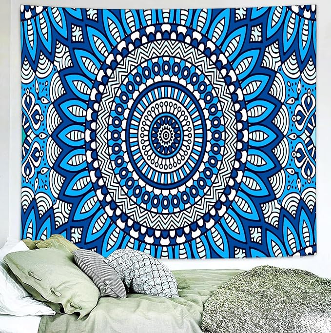 Delur Mandala Tapestry Aesthetic Boho Blue Floral Medallion Tapestry Wall Hanging Bohemian Wall Art Hippie Indian Psychedelic Headboard for Bedroom Living Room Home Decor (70.8" x 92.5")