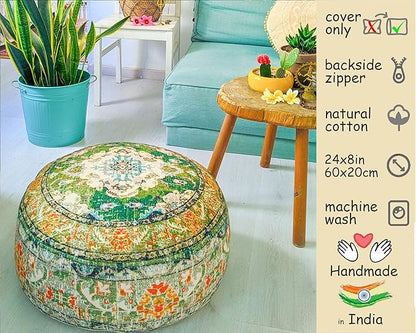 Indian Yoga Décor Pouf Cover Green Round Green Floor Pillow Case Room Décor Moroccan Décorative Cushion Perfect for Living Room, Bedroom, Nursary or Children Room Cotton 24x8 Unstuffed