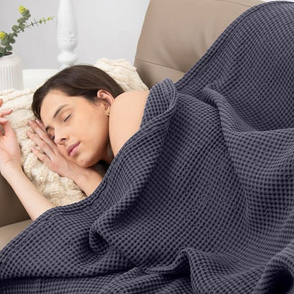 Organic Cotton Waffle Blankets Throw Size (50" x 60") Lightweight, Breathable and Soft, for Sofa, Couch, Bed, Picnic All-Season - Summer, Spring, Winter (Grey)