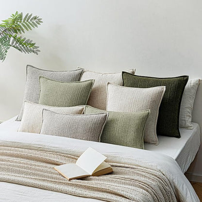 a moment Linen Pillow Covers Set of 2,Boho Farmhouse Throw Pillowcases Neutral Textured Decorative Covers for Couch Sofa,Linen Blend Accent Case Cushion Living Room Home Decor 20"x12"Seeding Green