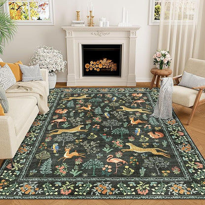 DUKINO 8x10 Rug, Washable Animal Living Room Rug with Non Slip Vintage Design, Soft Low Pile Large Carpet for Bedroom, Nursery, Dining Room, Farmhouse, Playroom, Black