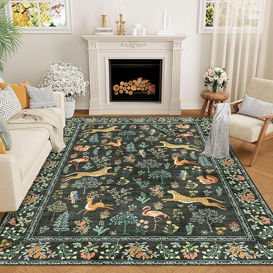 DUKINO 8x10 Rug, Washable Animal Living Room Rug with Non Slip Vintage Design, Soft Low Pile Large Carpet for Bedroom, Nursery, Dining Room, Farmhouse, Playroom, Black