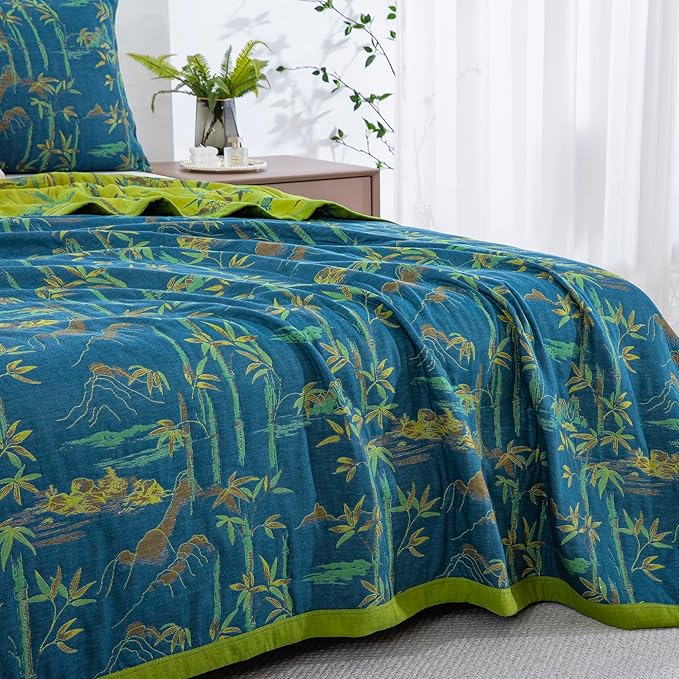 100% Cotton Muslin Jacquard 2 Piece Quilt Set Botanical Bamboo Leaf Print, Soft 3 Layers Gauze Bed Cover Reversible Bedspread Coverlet Breathable Lightweight Bedding Set, Twin