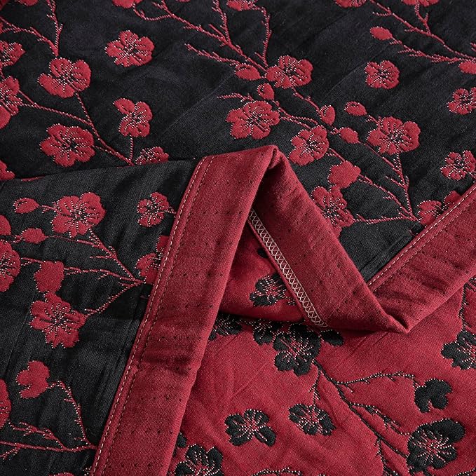 100% Cotton Muslin Jacquard 3 Piece Quilt Set Floral Plum Blossom Print, Soft 3 Layers Gauze Bed Cover Reversible Bedspread Coverlet Breathable Lightweight Bedding Set, Queen
