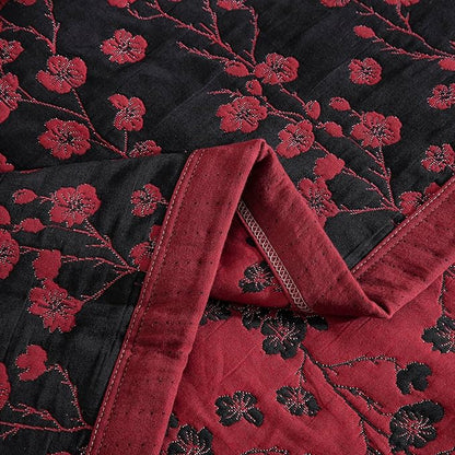 100% Cotton Muslin Jacquard 3 Piece Quilt Set Floral Plum Blossom Print, Soft 3 Layers Gauze Bed Cover Reversible Bedspread Coverlet Breathable Lightweight Bedding Set, Queen