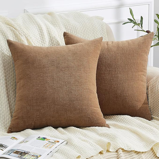 GAWAMAY Decorative Square Throw Pillow Covers 20"x20" Inch Set of 2, Super Soft Chenille Pillows Farmhouse Fall Pillowcase for Living Room Bedroom Sofa Couch Cushion Cover Brown 50x50cm (No Inserts)