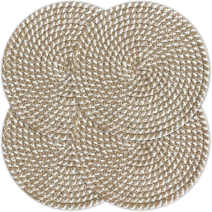 CHARDIN HOME Round Jute & Cotton Woven Braided PLACEMAT (Set of 4), Size -13 inch, Round, Color - Natural Jute & White.