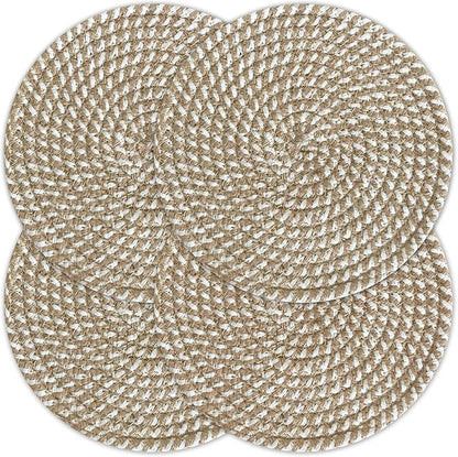 CHARDIN HOME Round Jute & Cotton Woven Braided PLACEMAT (Set of 4), Size -13 inch, Round, Color - Natural Jute & White.