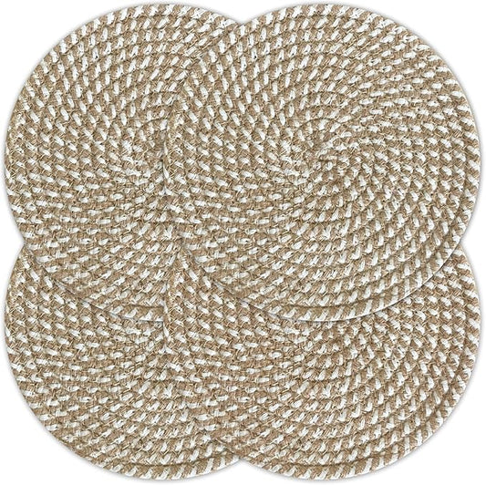 CHARDIN HOME Round Jute & Cotton Woven Braided PLACEMAT (Set of 4), Size -13 inch, Round, Color - Natural Jute & White.