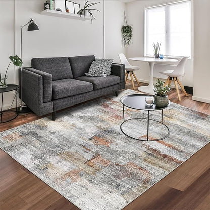 vivorug Washable Rug, Ultra Soft Area Rug 4x6, Non Slip Abstract Small Rug, Stain Resistant Rugs for Living Room Bedroom, Modern Fluffy (Gray/Rust, 4'x6')