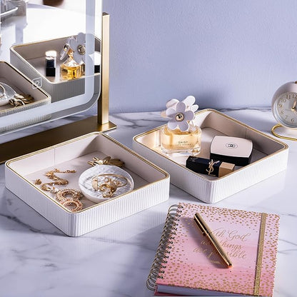 2 Pack White Catch All Trays for Jewelry| Small Leather Valet Tray| Key Bowl for Entryway Table EDC Trinket Tray Catch All| Perfume Trays for Dresser Organizer Perfume Holder (Set of 2)