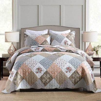 HoneiLife Quilt Set Twin Size - 2 Piece Microfiber Quilts Reversible Bedspreads Patchwork Coverlets Floral Bedding Set All Season Quilts with Geometric and Little Rose Print Pattern，Coffee