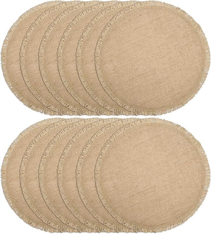 FunWheat Burlap Round Braided Placemats Set of 12 for Dining Tables 15 Inch Heat Resistant Jute Table Mats Farmhouse Woven Fabric Natural Place mats for Fall Decoration (Twine Circle)