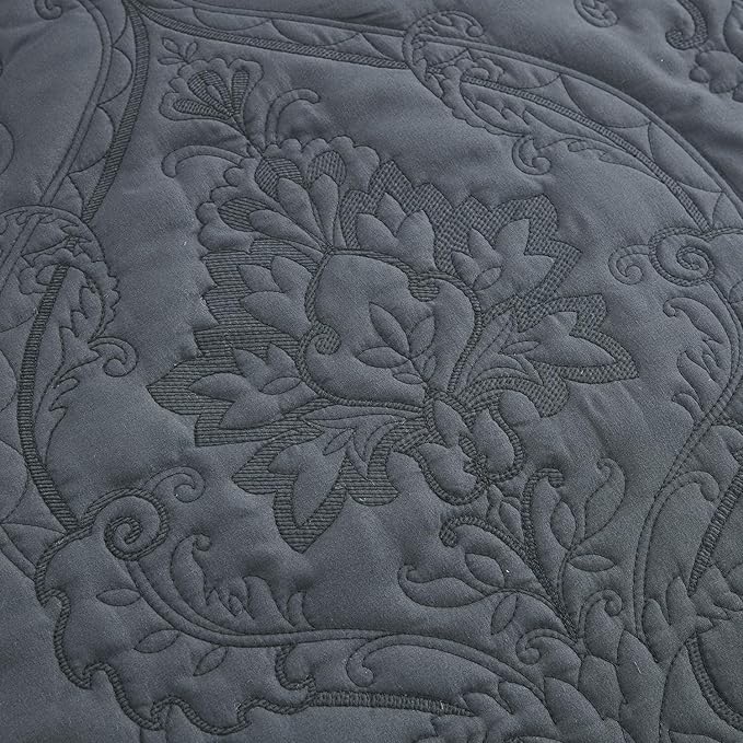 CHIXIN Bedspread Coverlet Set Queen Size - Lightweight Bedding Cover - Beautiful Stitching - 5 Piece Reversible Bedspread - Gorgeous Damask Paisley Pattern (Queen, Dark Grey)