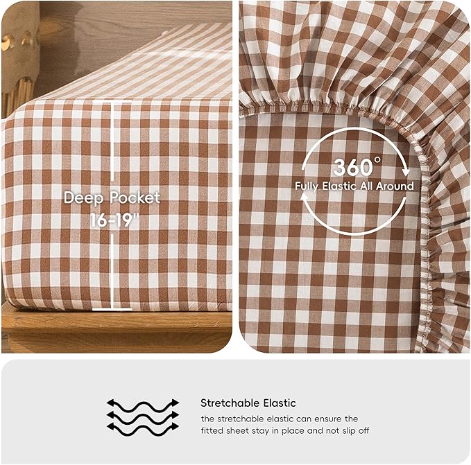 MooMee Gingham Sheet Set 100% Washed Cotton Linen Like Textured Breathable Soft w/Fully Elasticized 16-19" Deep Pocket (Classic Gingham Dark Orange, King)
