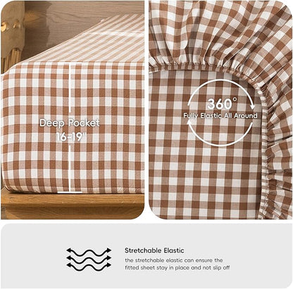 MooMee Gingham Sheet Set 100% Washed Cotton Linen Like Textured Breathable Soft w/Fully Elasticized 16-19" Deep Pocket (Classic Gingham Dark Orange, King)