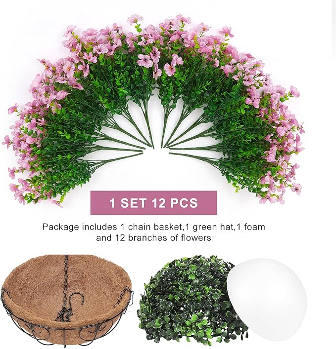 Artificial Fake Hanging Flowers Plants Basket for Outdoors Outside Spring Decoration,Hanging Planters with Faux Silk Flowers Realistic UV Resistant for Balcony Porch Patio Garden Fron Home Decor（Pink）