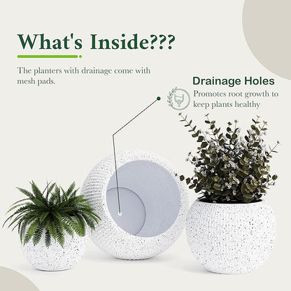 DTY Signature Mount Sherman Modern Indoor Outdoor Fiberstone Sphere Planter, Durable Round Garden Pot, Weather Resistant, Drainage Hole & Rubber Plug (Ribbed White, Large)