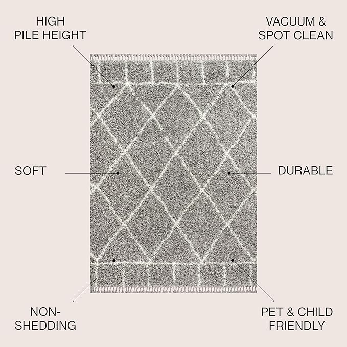 JONATHAN Y Mercer Shag Plush Tassel Gray/Ivory Indoor Area Rug, 3x5, Moroccan Geometric Trellis, Easy-Cleaning for Living Room, Bedroom, Kitchen, Pet Friendly, Non-Shedding (MCR101C-3)