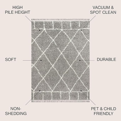 JONATHAN Y Mercer Shag Plush Tassel Gray/Ivory Indoor Area Rug, 3x5, Moroccan Geometric Trellis, Easy-Cleaning for Living Room, Bedroom, Kitchen, Pet Friendly, Non-Shedding (MCR101C-3)