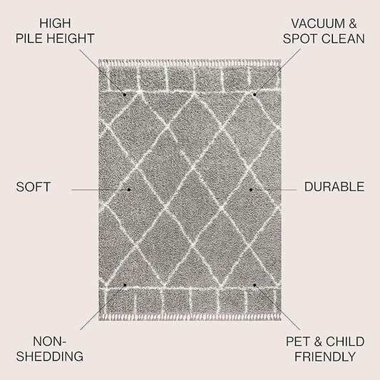 JONATHAN Y Mercer Shag Plush Tassel Gray/Ivory Indoor Area Rug, 3x5, Moroccan Geometric Trellis, Easy-Cleaning for Living Room, Bedroom, Kitchen, Pet Friendly, Non-Shedding (MCR101C-3)