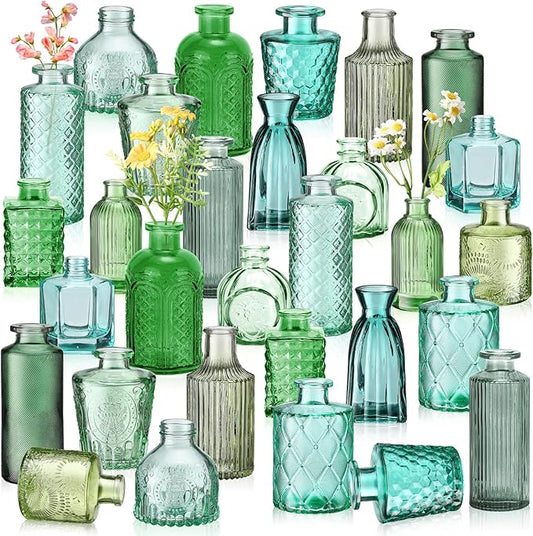 Yaomiao 30 Pcs Vases Bulk Colored Flower Glass Christmas Vases Bud Vintage Colored Glass Bottles Colorful Rustic Embossed for Home Wedding Table Decorations Gifts(Green Series)