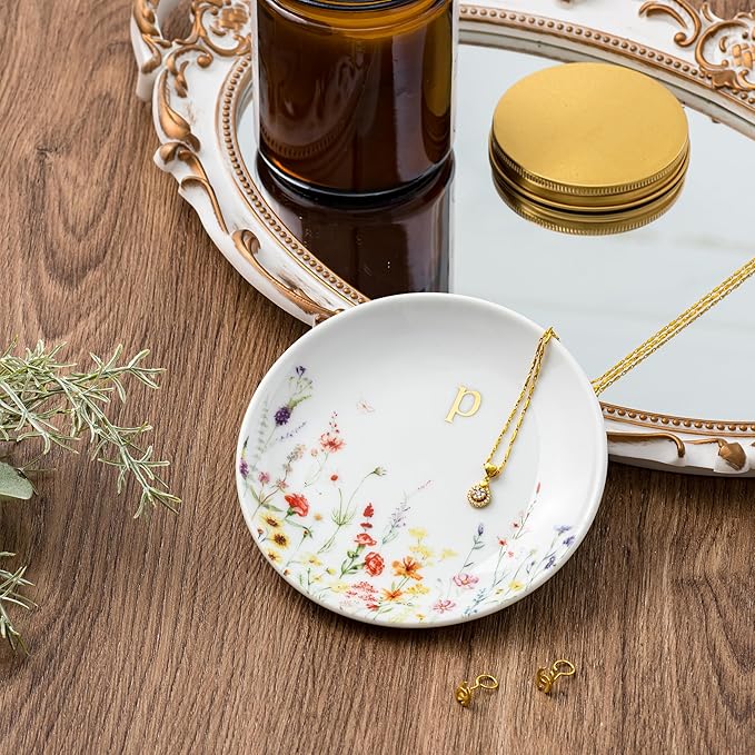 Crisky Initial Jewelry Tray Ring Dish & Gift Box, Ceramic Flower Trinket Dish for Rings Earrings Necklaces Keys, Bridal Shower Engagement Birthday Gift for Women, Friends 4.57" (Gold Foil P