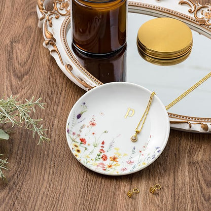 Crisky Initial Jewelry Tray Ring Dish & Gift Box, Ceramic Flower Trinket Dish for Rings Earrings Necklaces Keys, Bridal Shower Engagement Birthday Gift for Women, Friends 4.57" (Gold Foil P