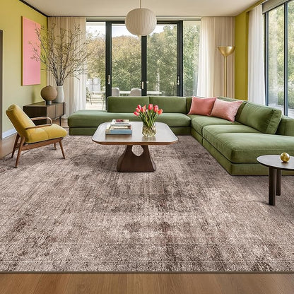 Brown Living Room Rug 9x12 - Retro Large Rug for Dining Room, Fireplace, Bedroom, Washable Non Slip Low Pile Abstract Warm Brown and Terracotta