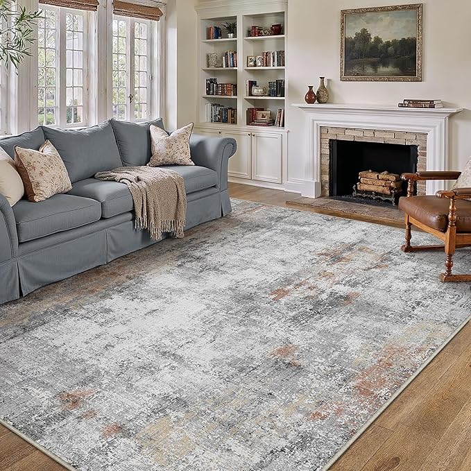 10x12 Washable Area Rug Grey Rust Abstract Living Room Bedroom Carpet Neutral Modern Non-Slip Soft Low Pile Lightweight Vacuumable Large Throw Rug for Dining Room